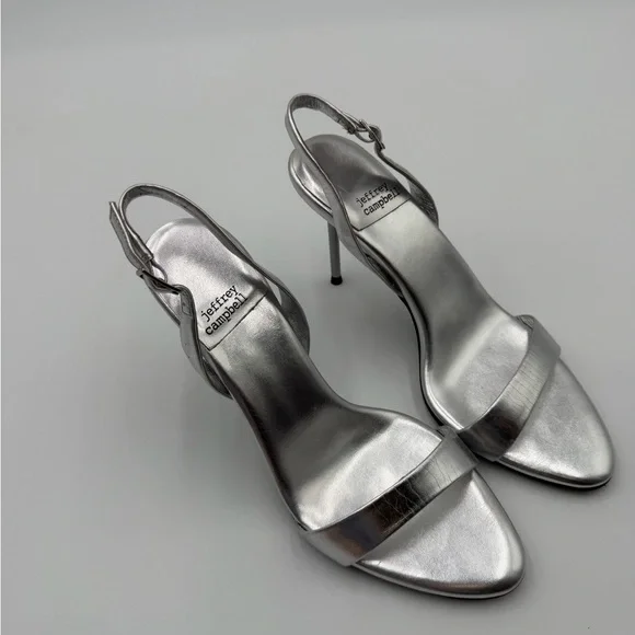 Jeffrey Campbell Go-Getter stiletto sling-back in metallic silver leather Sz 6.5 - Picture 2 of 11